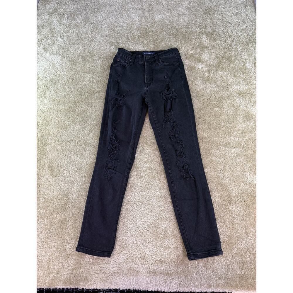 Aeropostale Womens Jeans Size 00R Mom Jean Distressed Denim Black Stretch D371